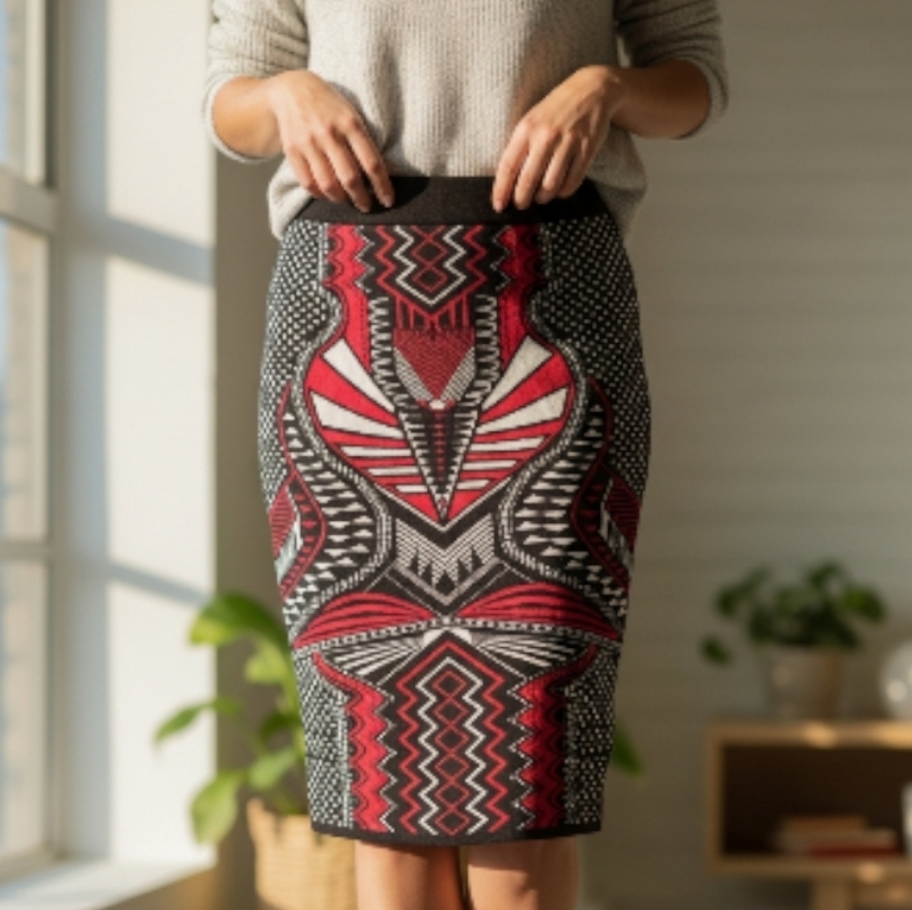 K GLAM Geometric Patterned Red WHITE and Black Skirt Thich Stretch Plus 3X - Picture 3 of 7